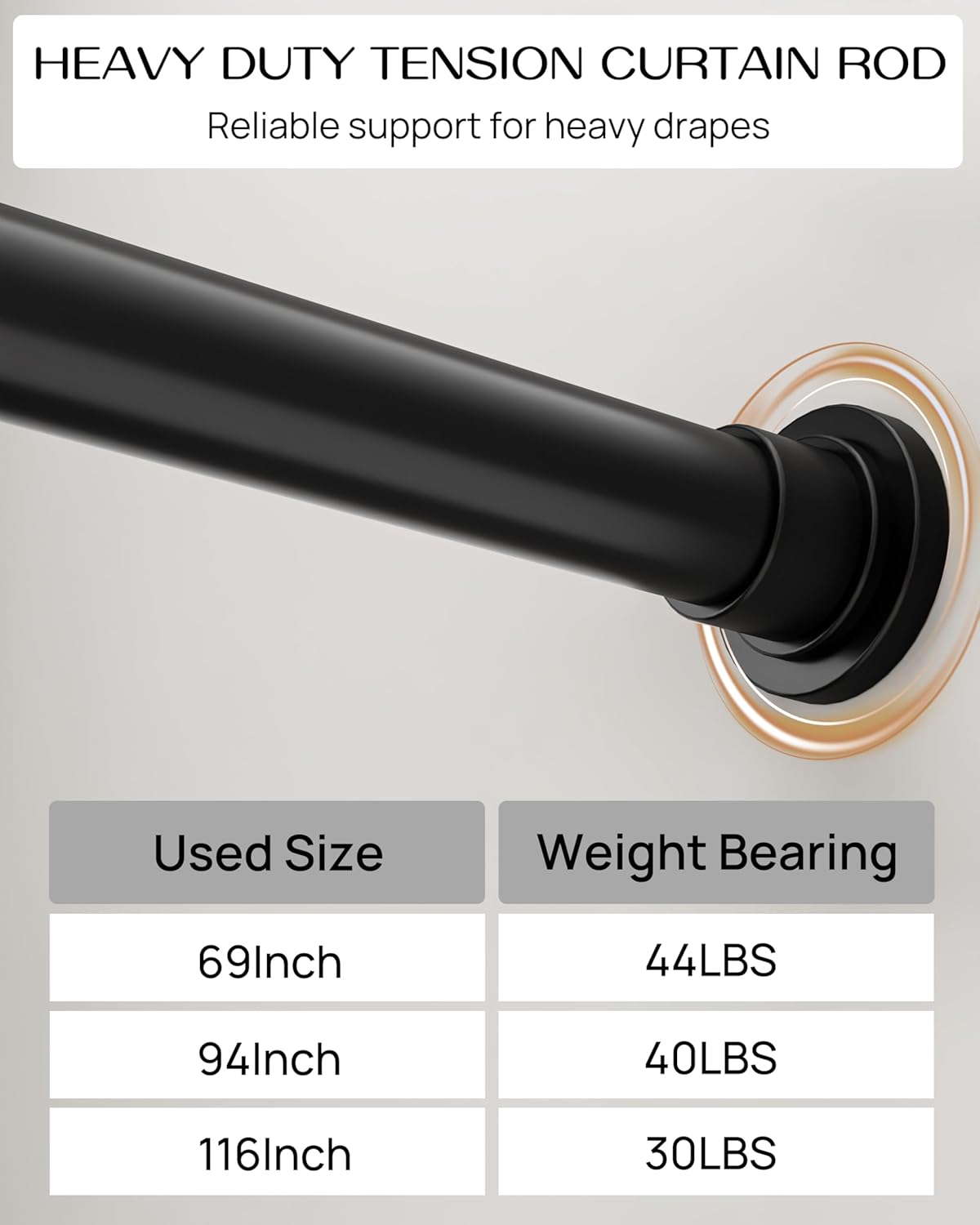 Tension Curtain Rod by EZFurni, 82 to 123 Inch Adjustable, No Drill Curtain Rods for Windows, Heavy Duty Tension Rod for Window Treatment, Room Divider with Blackout Curtains, Renter Friendly, Black